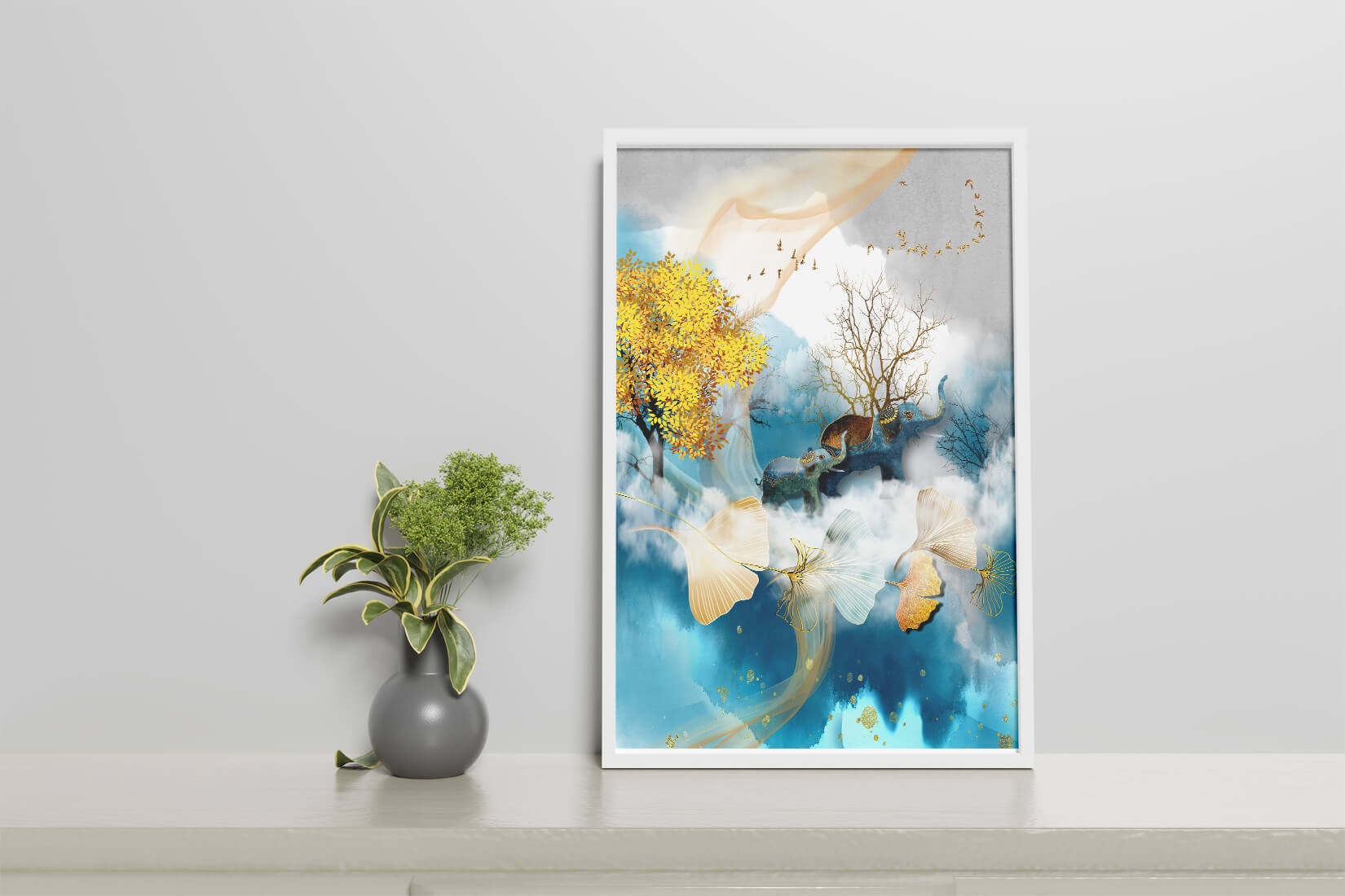 Escena surrealista de la naturaleza con elefantes y hojas doradas