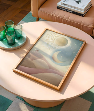 Minimalist landscape with sun, moon, and wolf in pastel hues