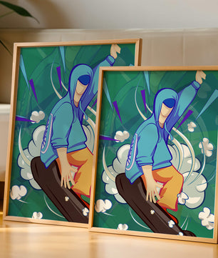 Ilustración abstracta colorida de una persona en movimiento con tonos azules y verdes