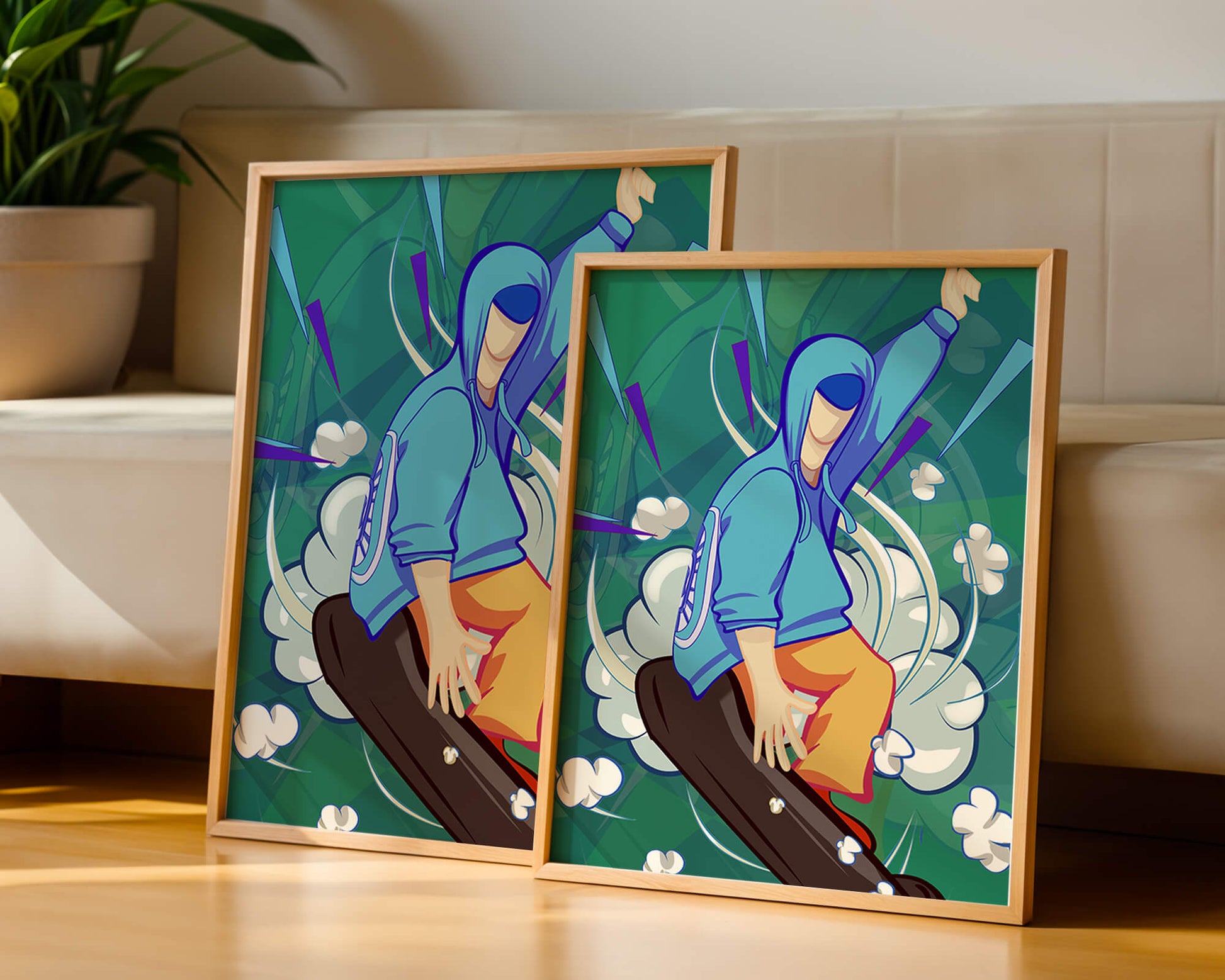 Ilustración abstracta colorida de una persona en movimiento con tonos azules y verdes