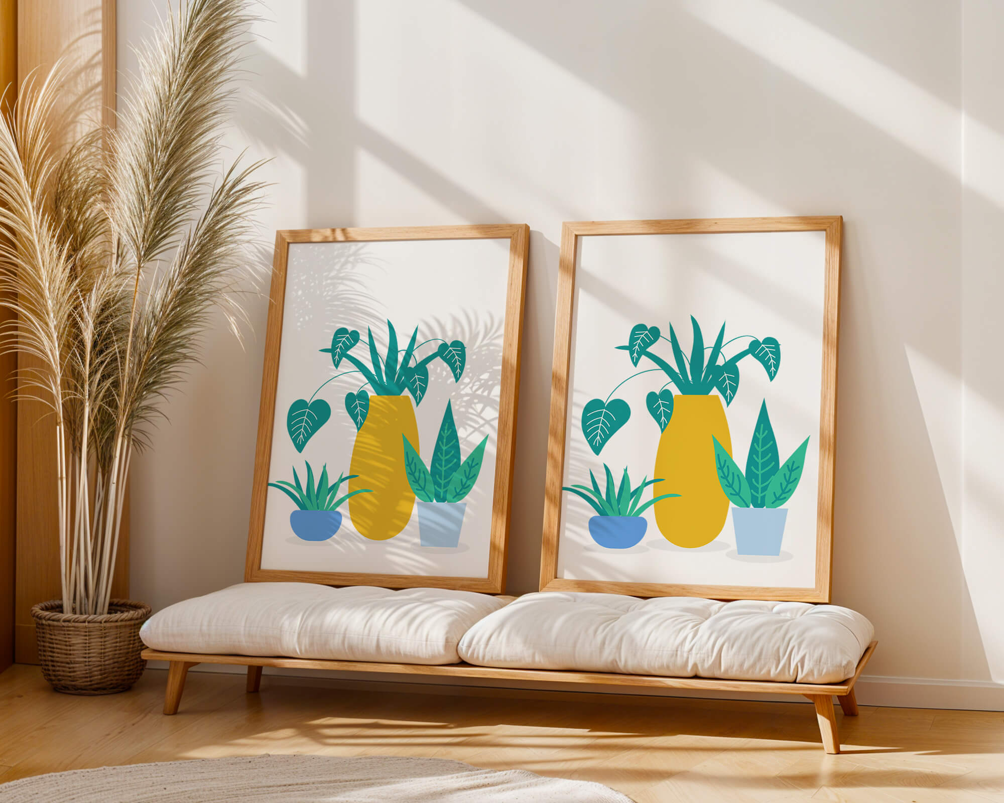 Illustration of colorful potted plants with a yellow vase