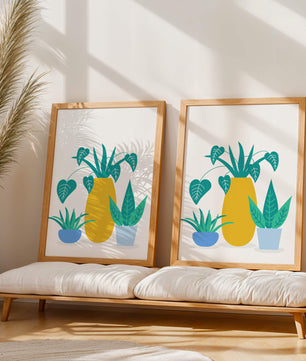 Illustration of colorful potted plants with a yellow vase