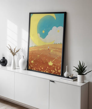 Paisaje nocturno onírico con luna y estrellas en un campo