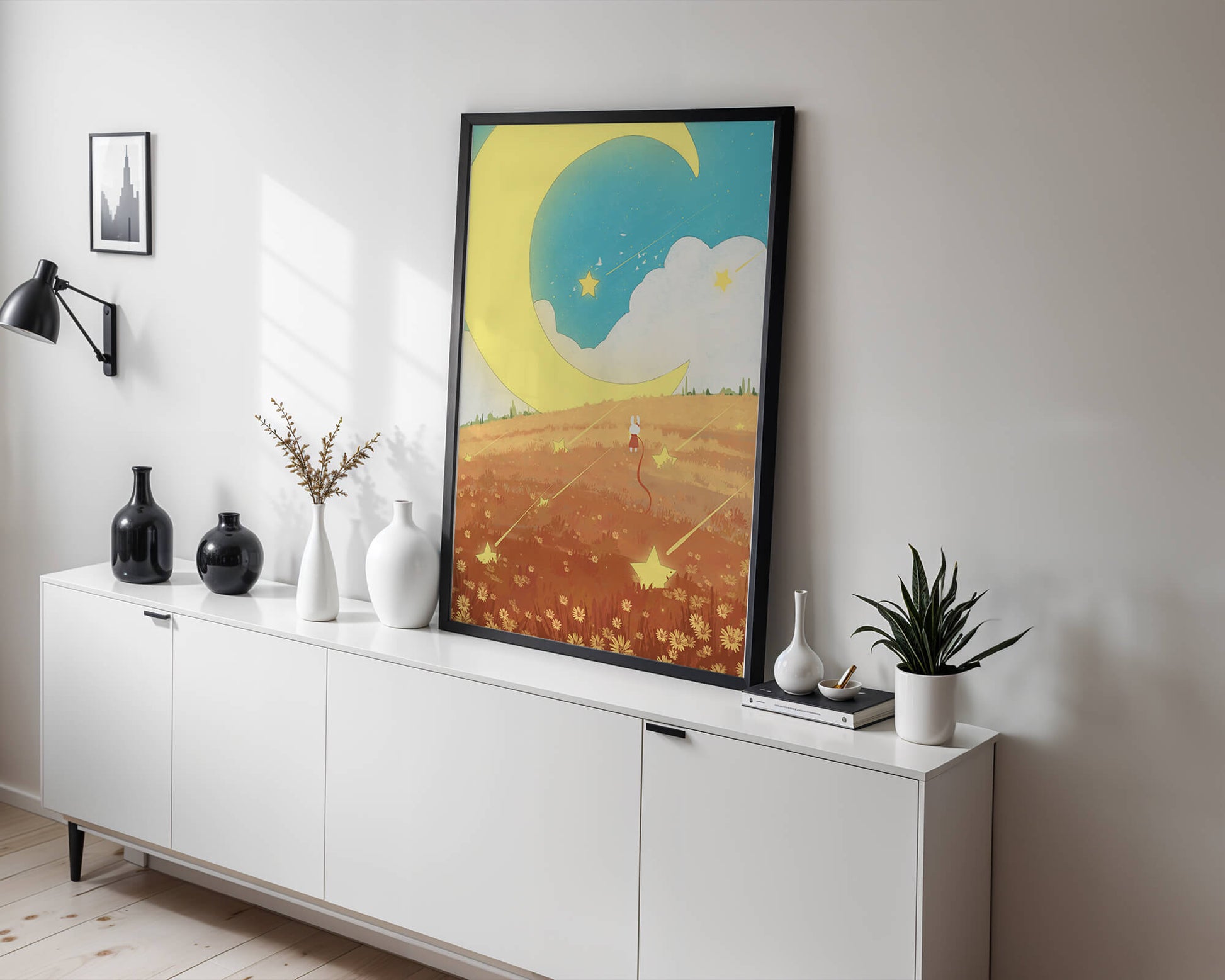 Dreamy Nighttime Landscape with Moon and Stars in a Field