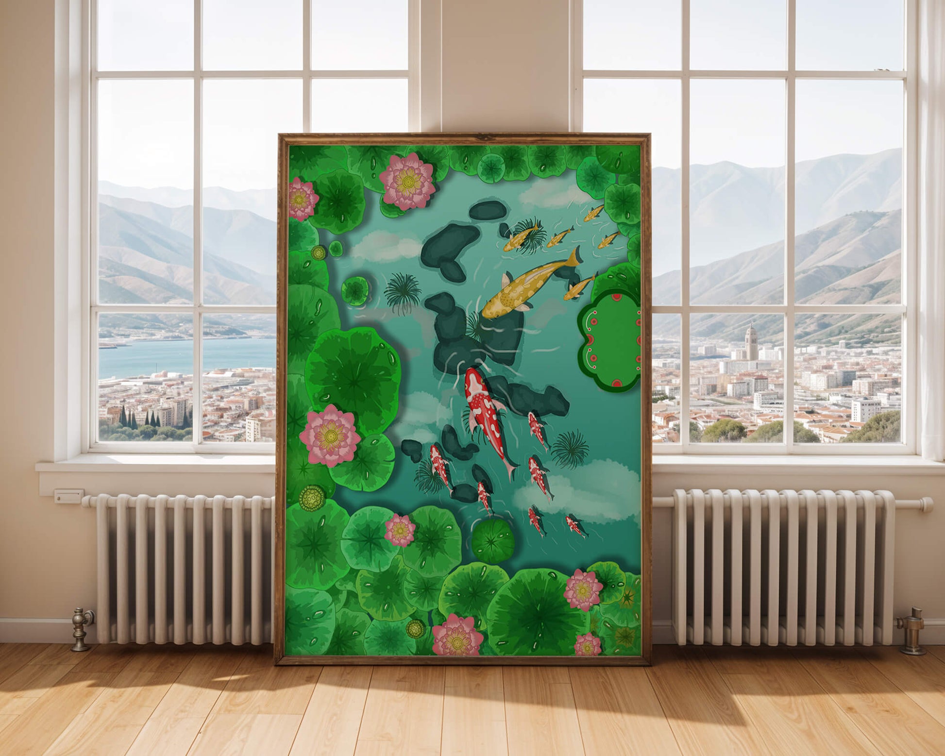 Étang à carpes koï vibrant avec des fleurs de lotus et des nénuphars verts