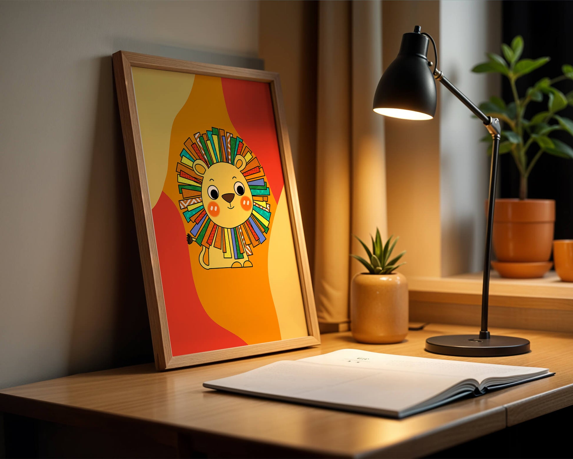 Colorful cartoon lion illustration with vibrant mane on abstract background