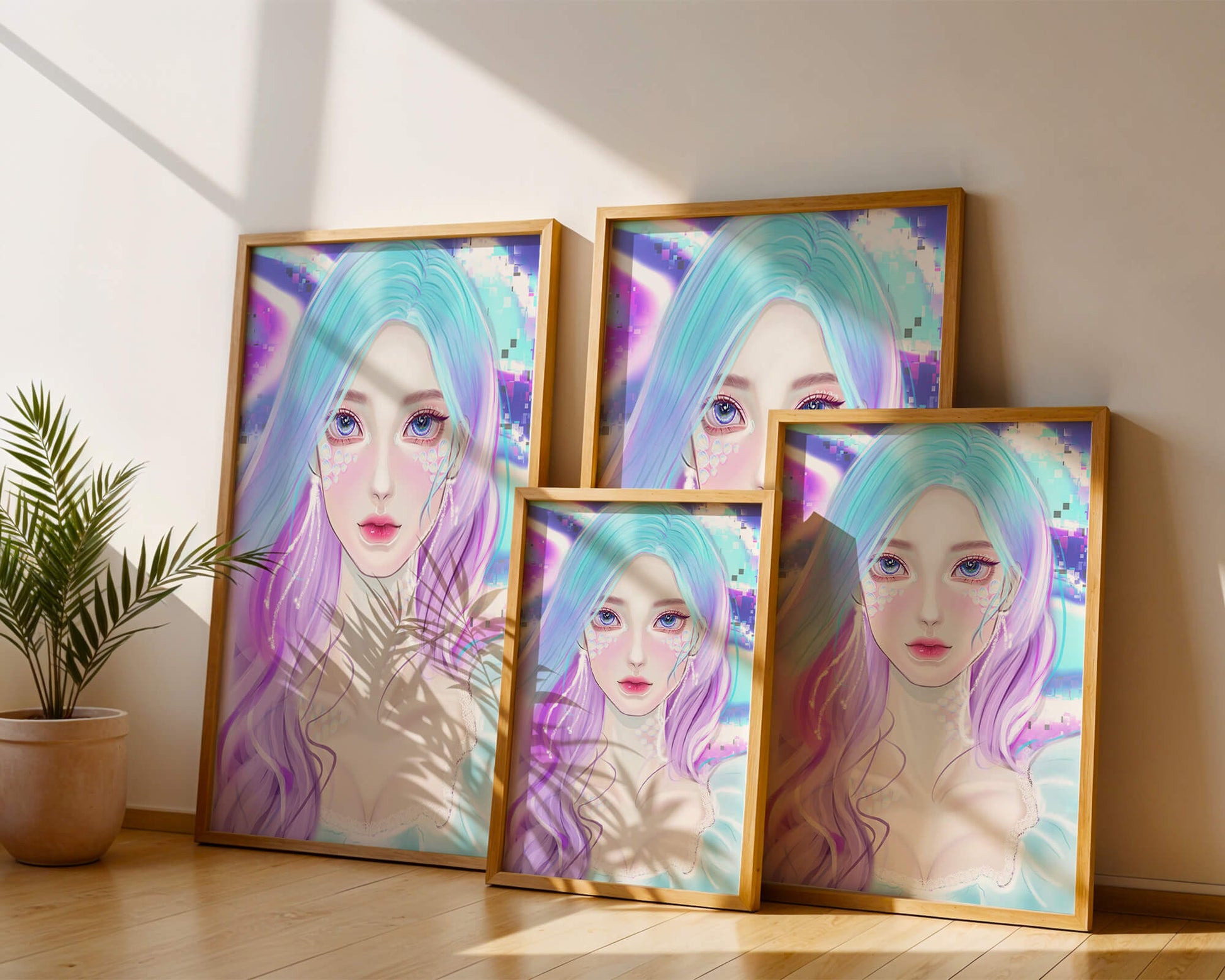 Fantasy portrait of a woman with pastel hair and vibrant features