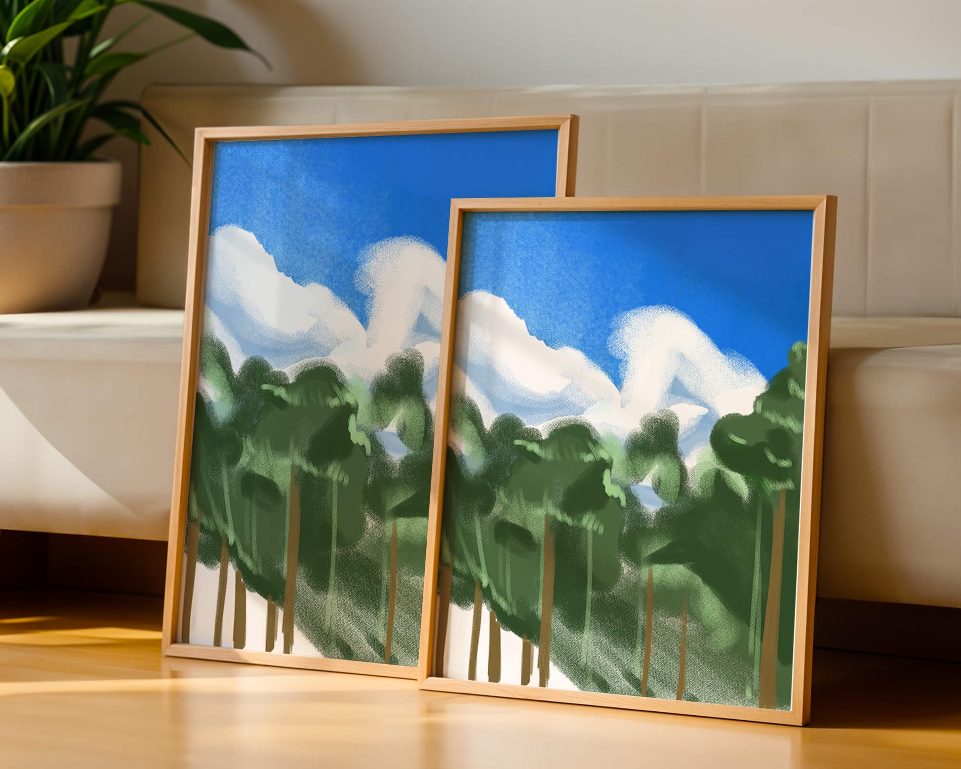 Malerische Waldlandschaft mit blauem Himmel und flauschigen Wolken