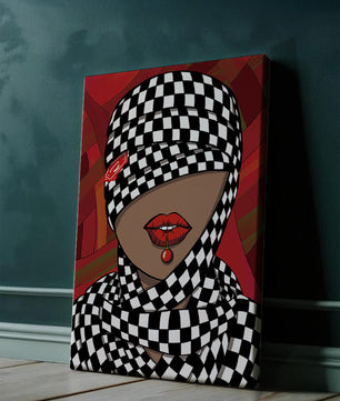 Abstract Art of Woman with Checkered Pattern and Red Lips - Mi tienda
