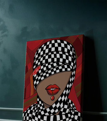 Abstract Art of Woman with Checkered Pattern and Red Lips