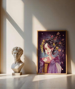 Retrato de anime elegante con acentos florales y dorados