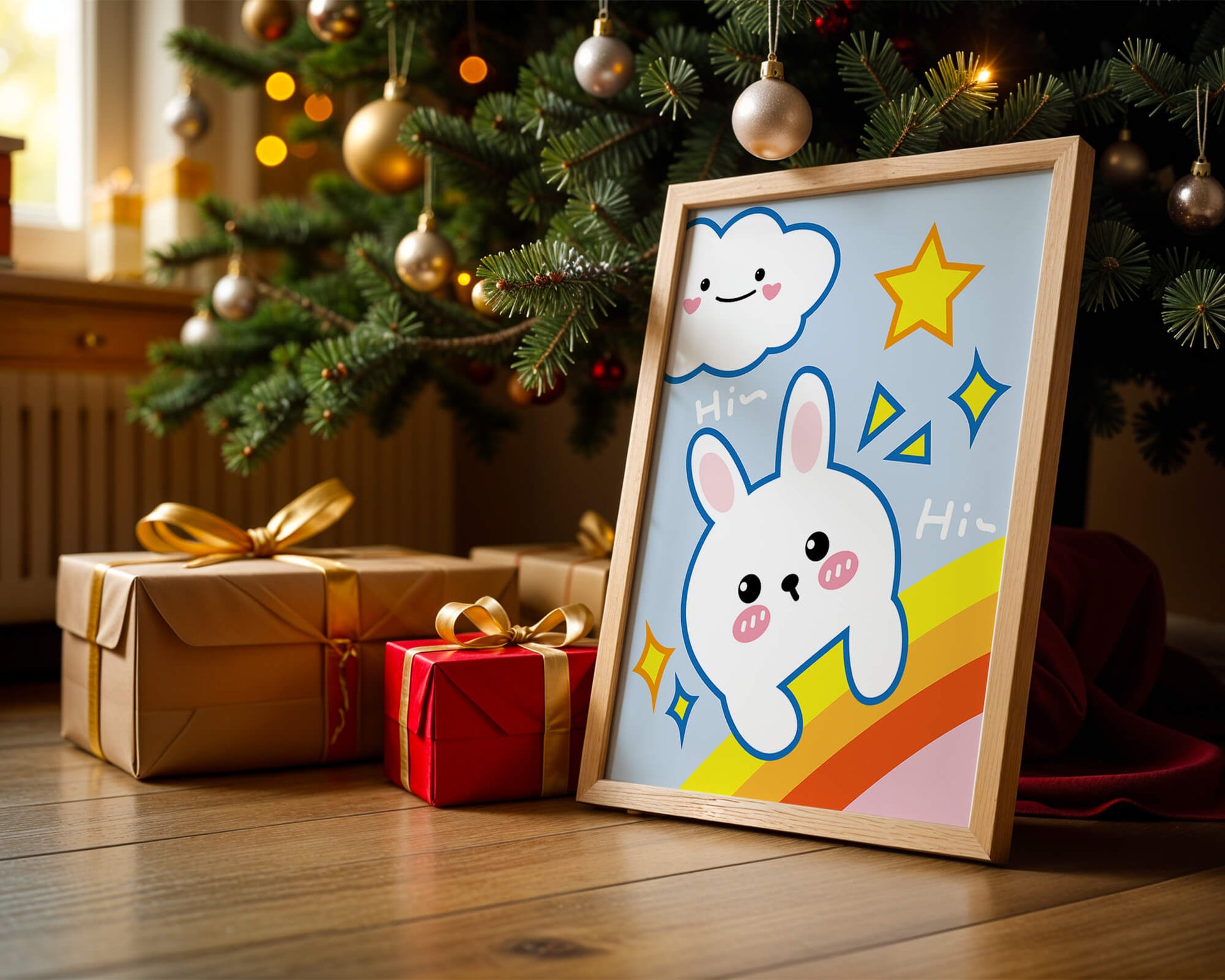 Whimsical cartoon bunny with cloud and rainbow theme