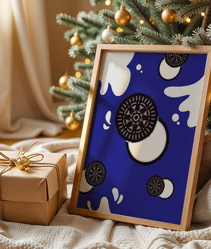 Graphic design featuring cookies and milk splashes on blue background