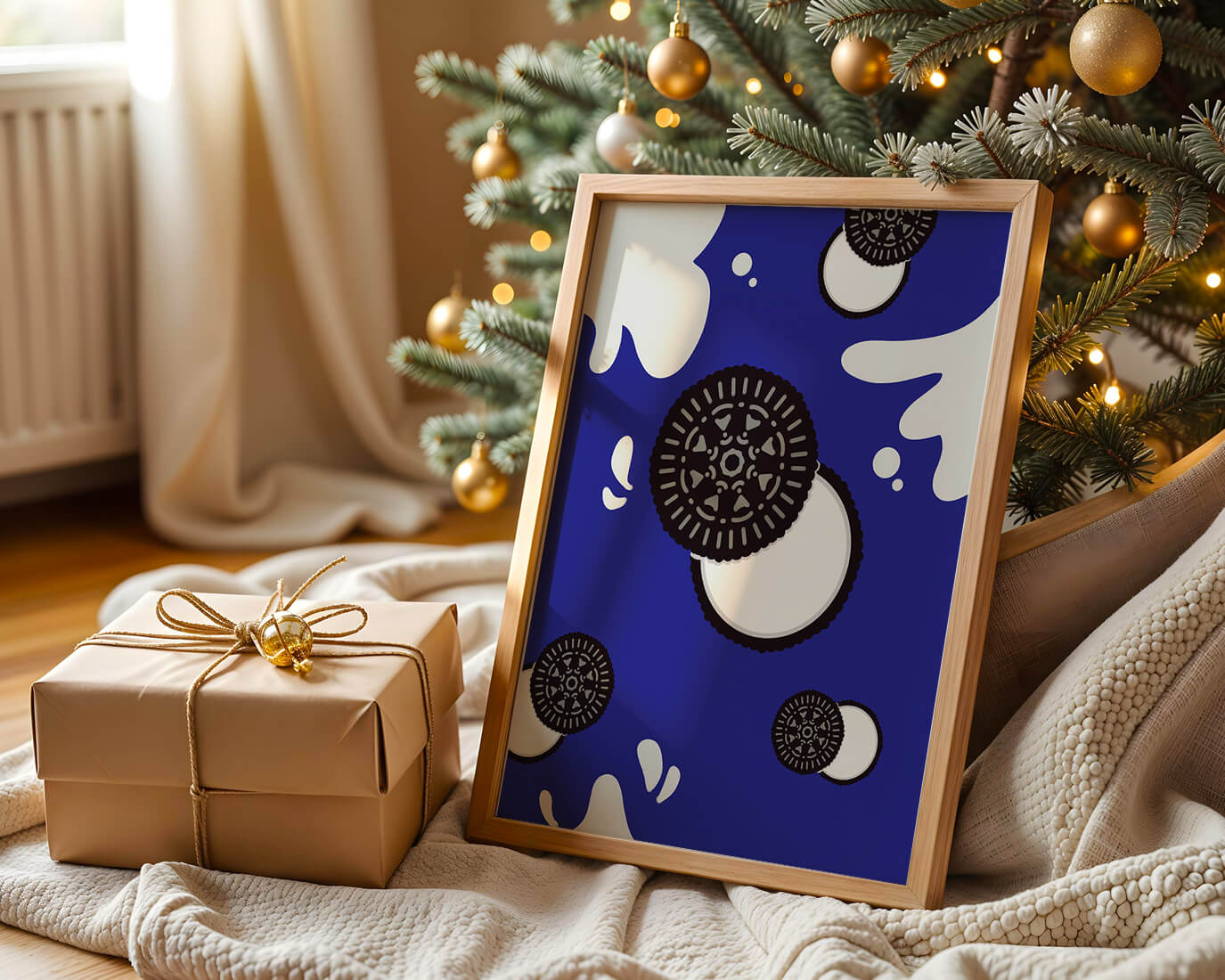 Graphic design featuring cookies and milk splashes on blue background