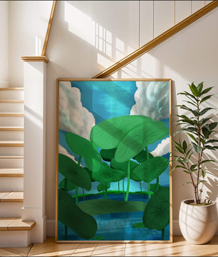 Serene landscape with lush green leaves and blue horizon