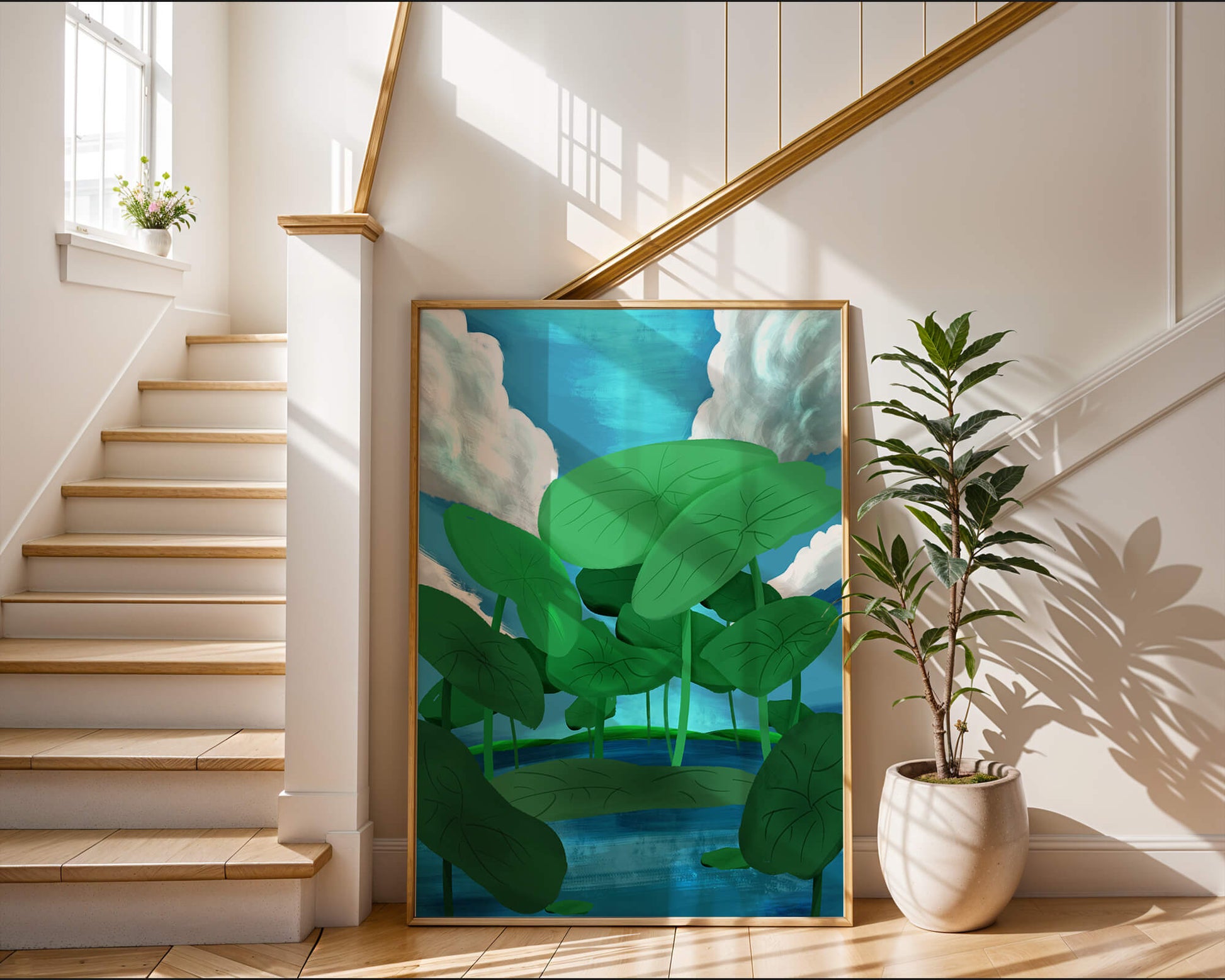 Serene landscape with lush green leaves and blue horizon