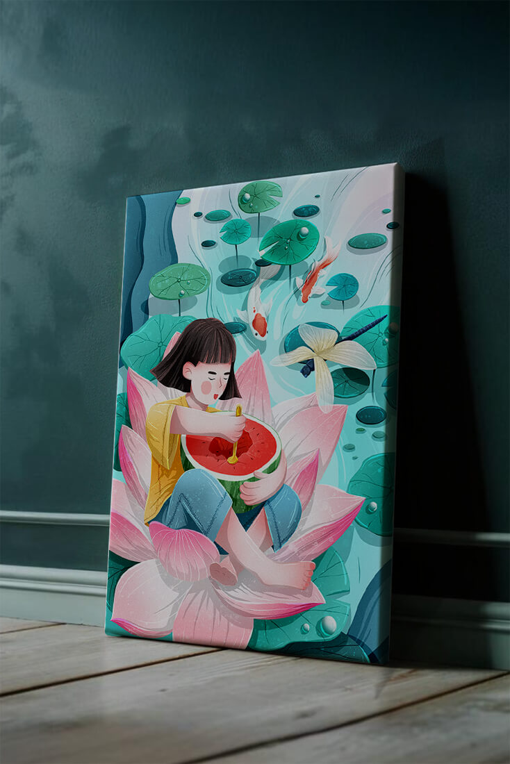 Serene illustration of child with watermelon on lotus flower