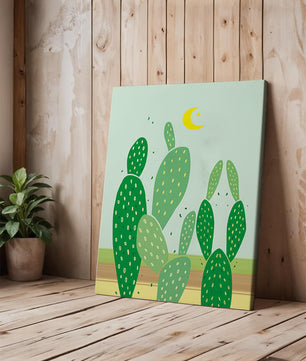 Desert cactus illustration with crescent moon
