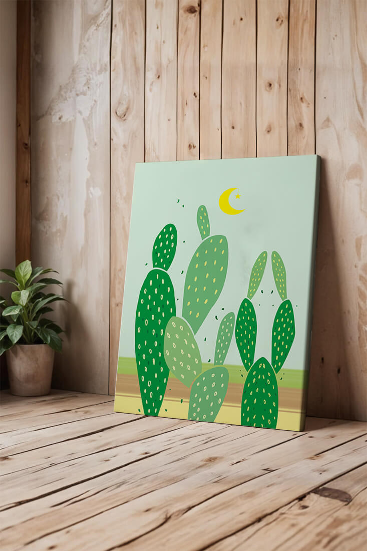Desert cactus illustration with crescent moon