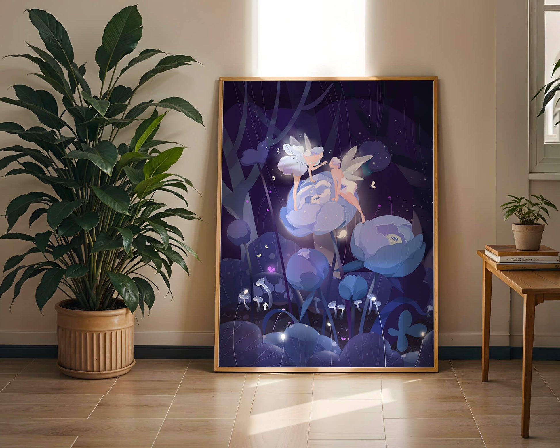 La forêt enchantée avec des fées et des fleurs lumineuses la nuit