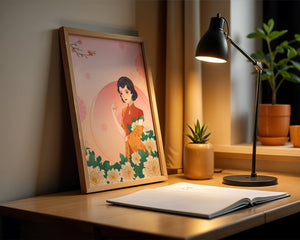 Elegant Woman in Traditional Asian Dress with Floral Background - Mi tienda