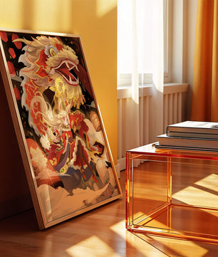 Personnage dynamique avec dragon et lanternes dans une œuvre d'art animée et vibrante