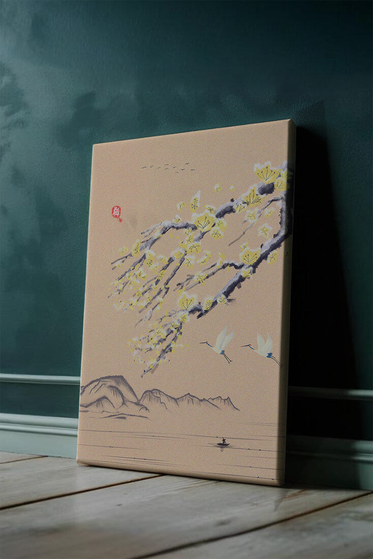 Tranquil landscape with blooming branches and flying cranes