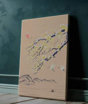 Tranquil landscape with blooming branches and flying cranes