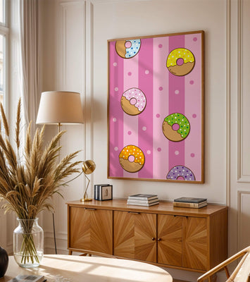 Colorful donut pattern on pink striped background