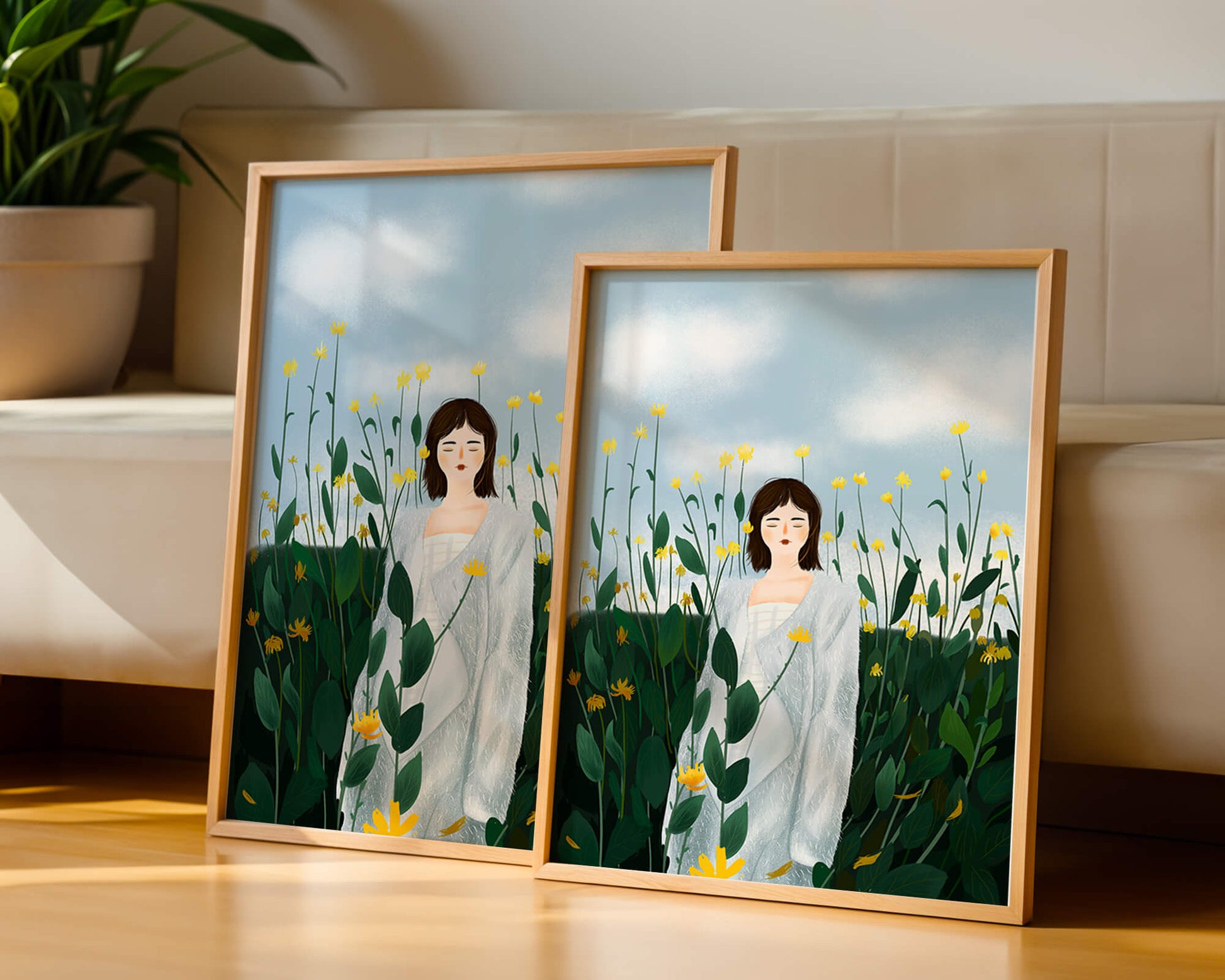 Mujer con abrigo blanco entre flores amarillas