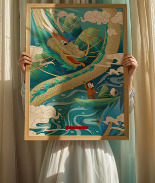 Colorful dragon and child illustration with vibrant waves and clouds