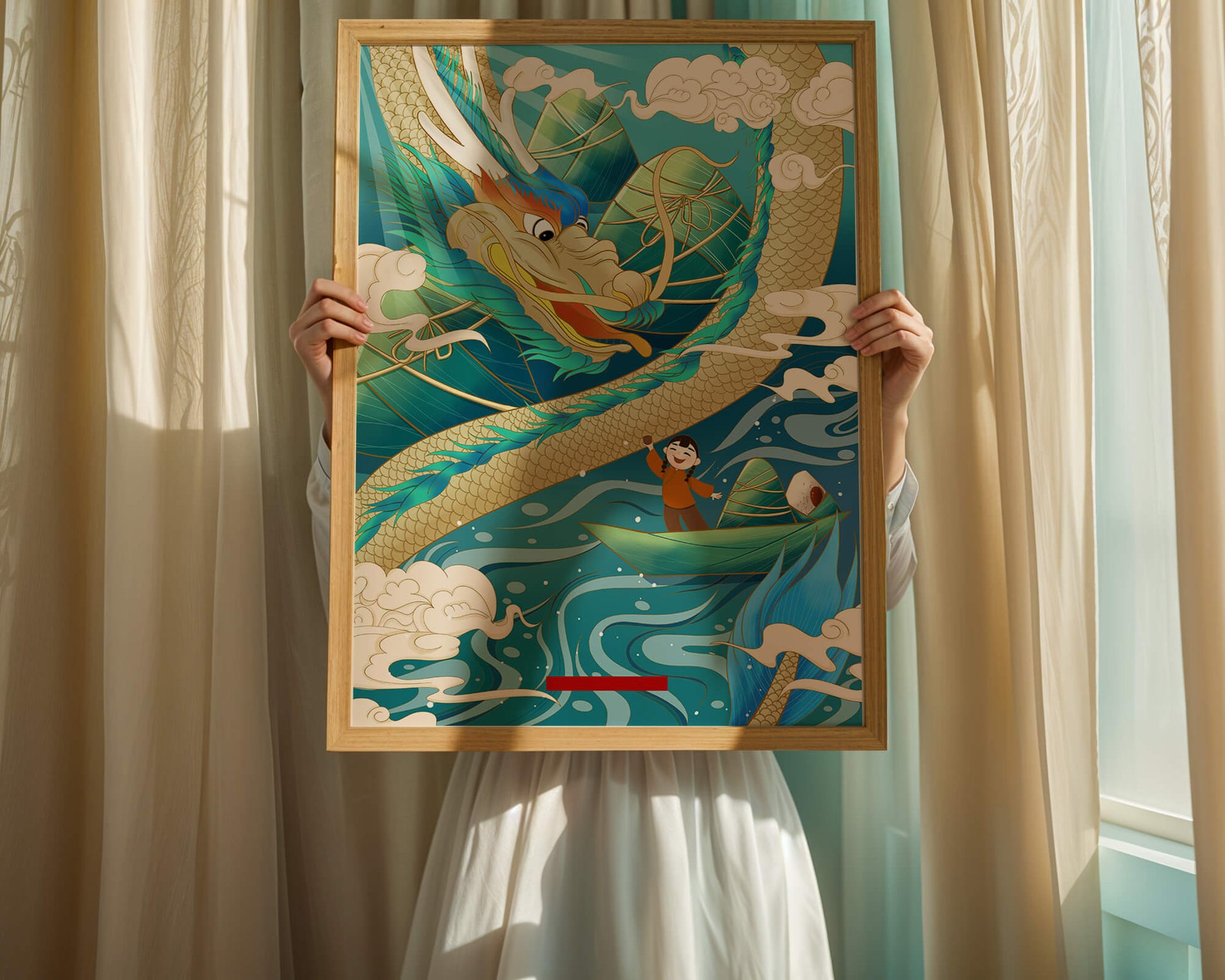 Colorful dragon and child illustration with vibrant waves and clouds