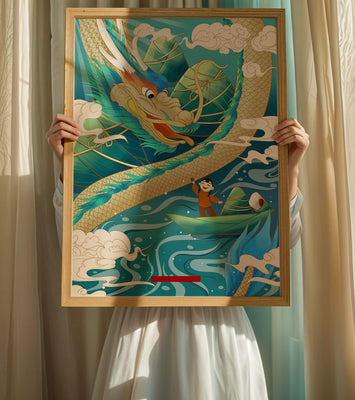 Colorful dragon and child illustration with vibrant waves and clouds