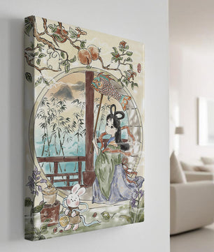 Peaceful Garden Scene with Girl and Rabbit