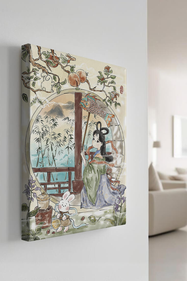 Escena de jardín tranquilo con una niña y un conejo