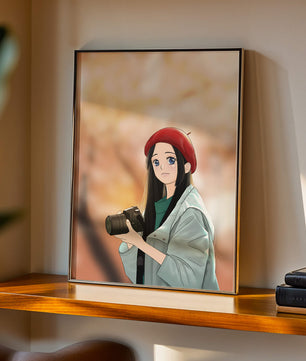 Chica de anime con boina roja sosteniendo una cámara durante el otoño