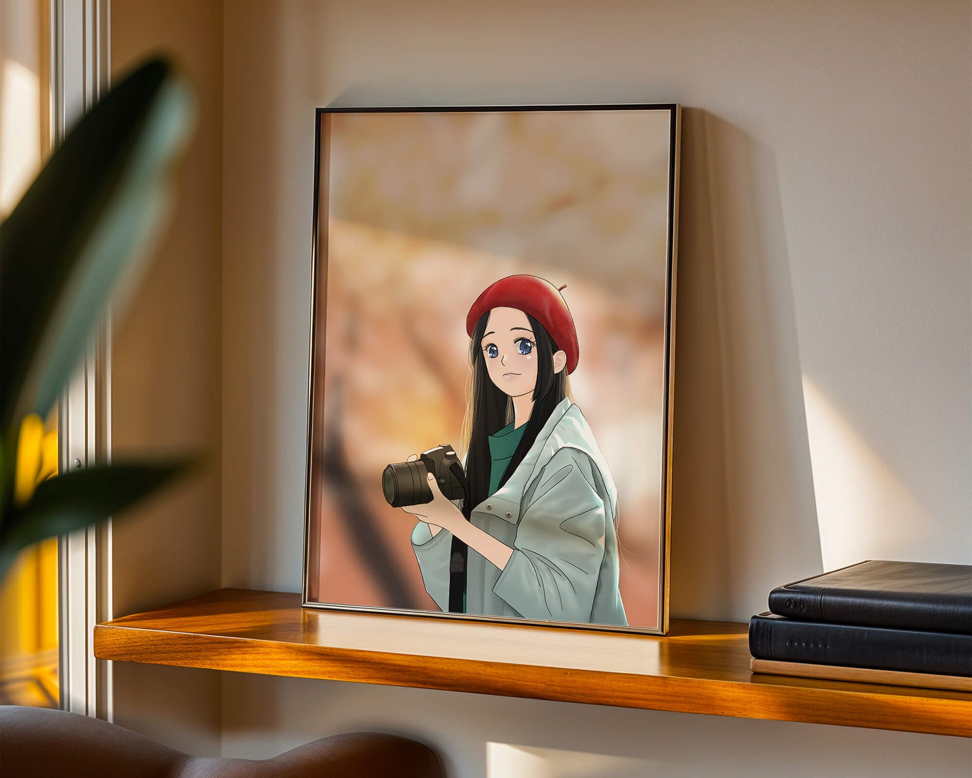 Anime girl in red beret holding camera during autumn