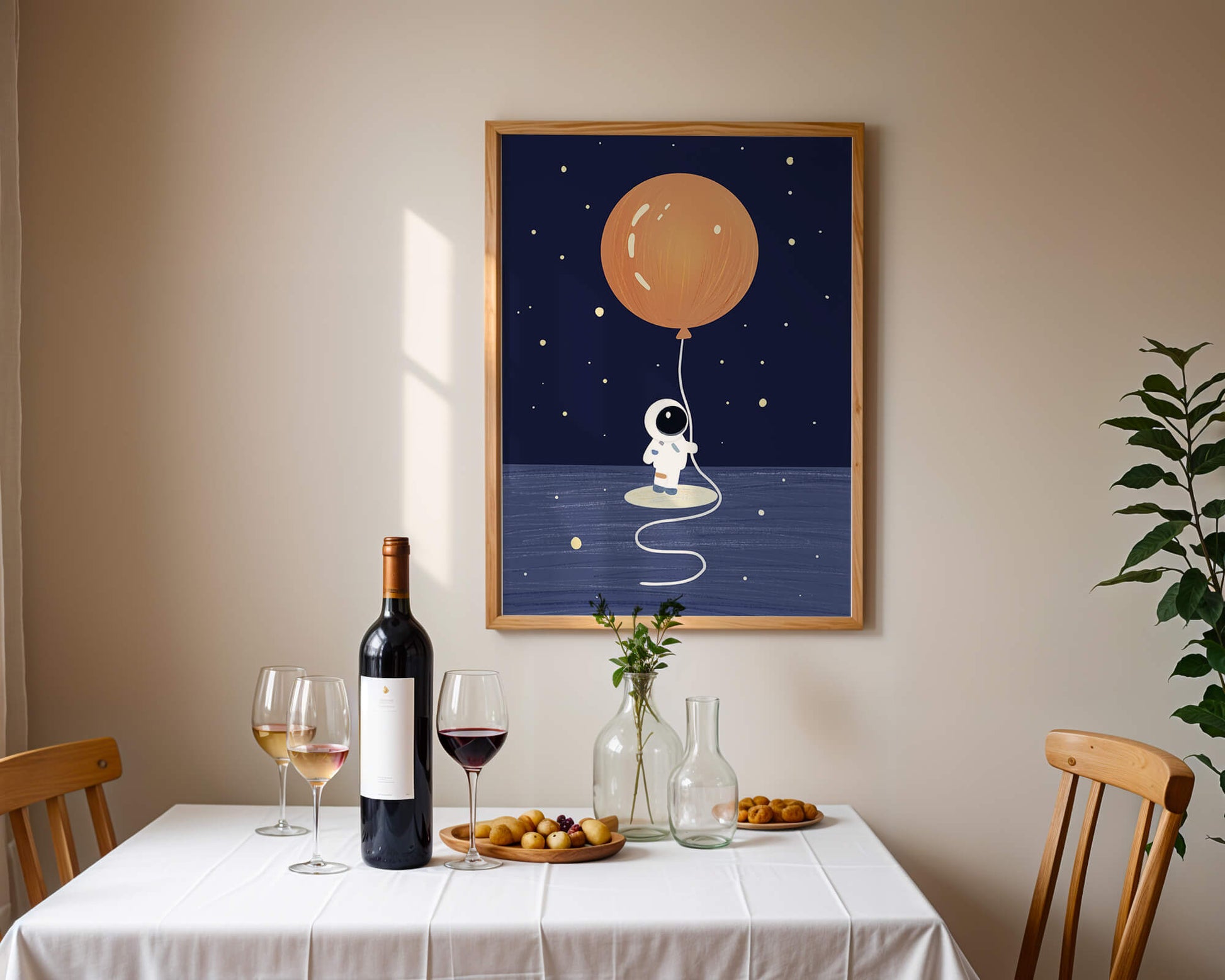 Charming Astronaut Holding Large Orange Balloon Under Starry Sky