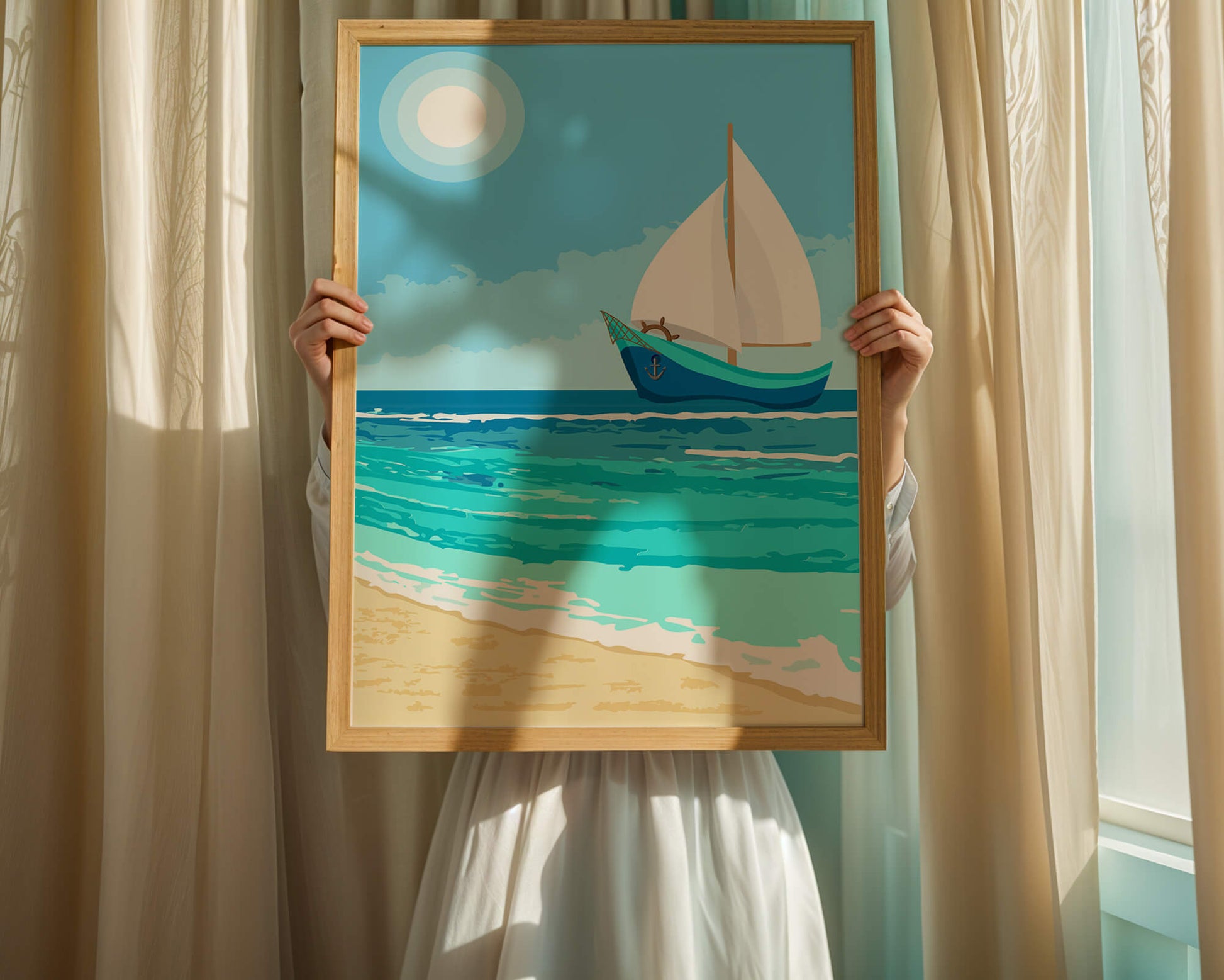 Serene ocean scenery with sailboat under the sun