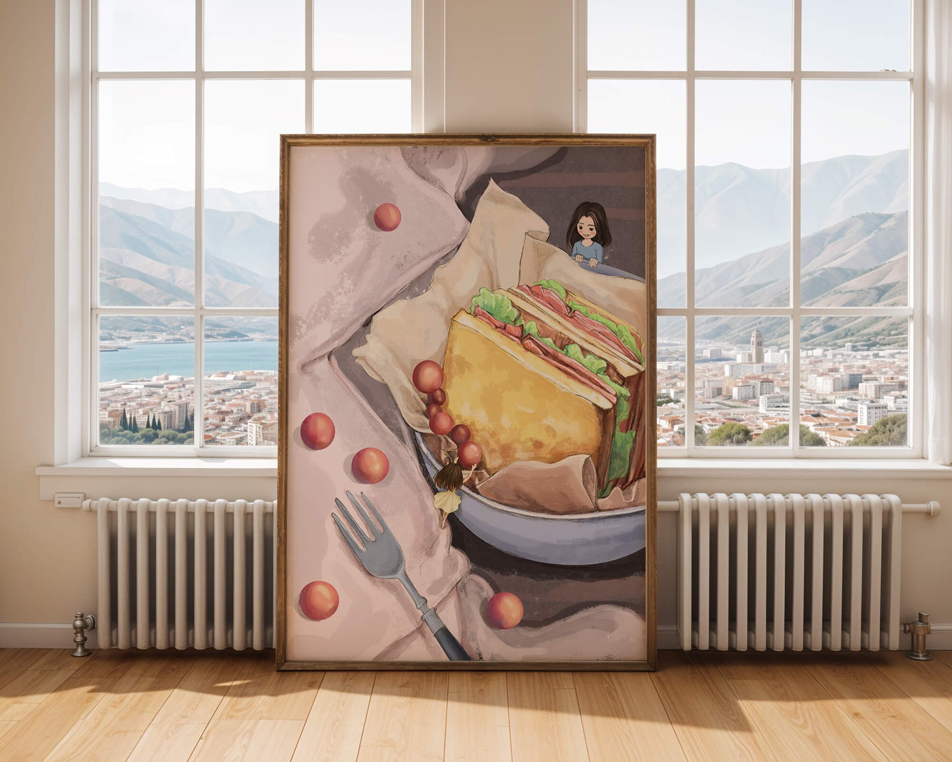 Niñas miniatura caprichosas cerca de un sándwich con tomates y tenedor