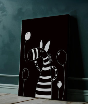 Cebra juguetona con globos en arte minimalista en blanco y negro