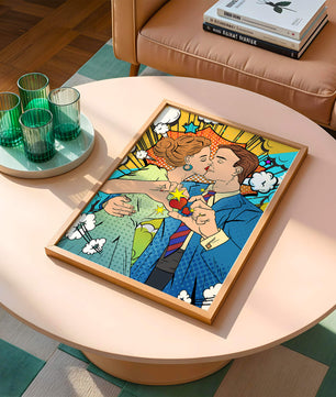 Ilustración de estilo pop art romántico de una pareja besándose con elementos cómicos