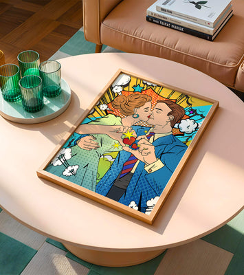 Romantic Pop Art Style Illustration of a Couple Kissing with Comic Elements