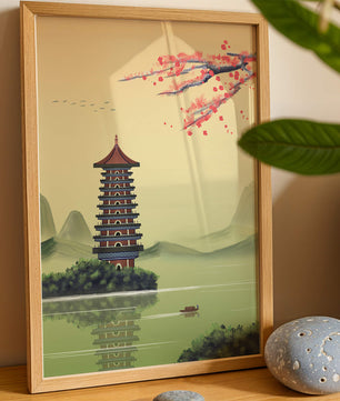 Serene landscape with traditional pagoda and blooming cherry blossoms