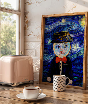 Whimsical cat character against starry night sky background