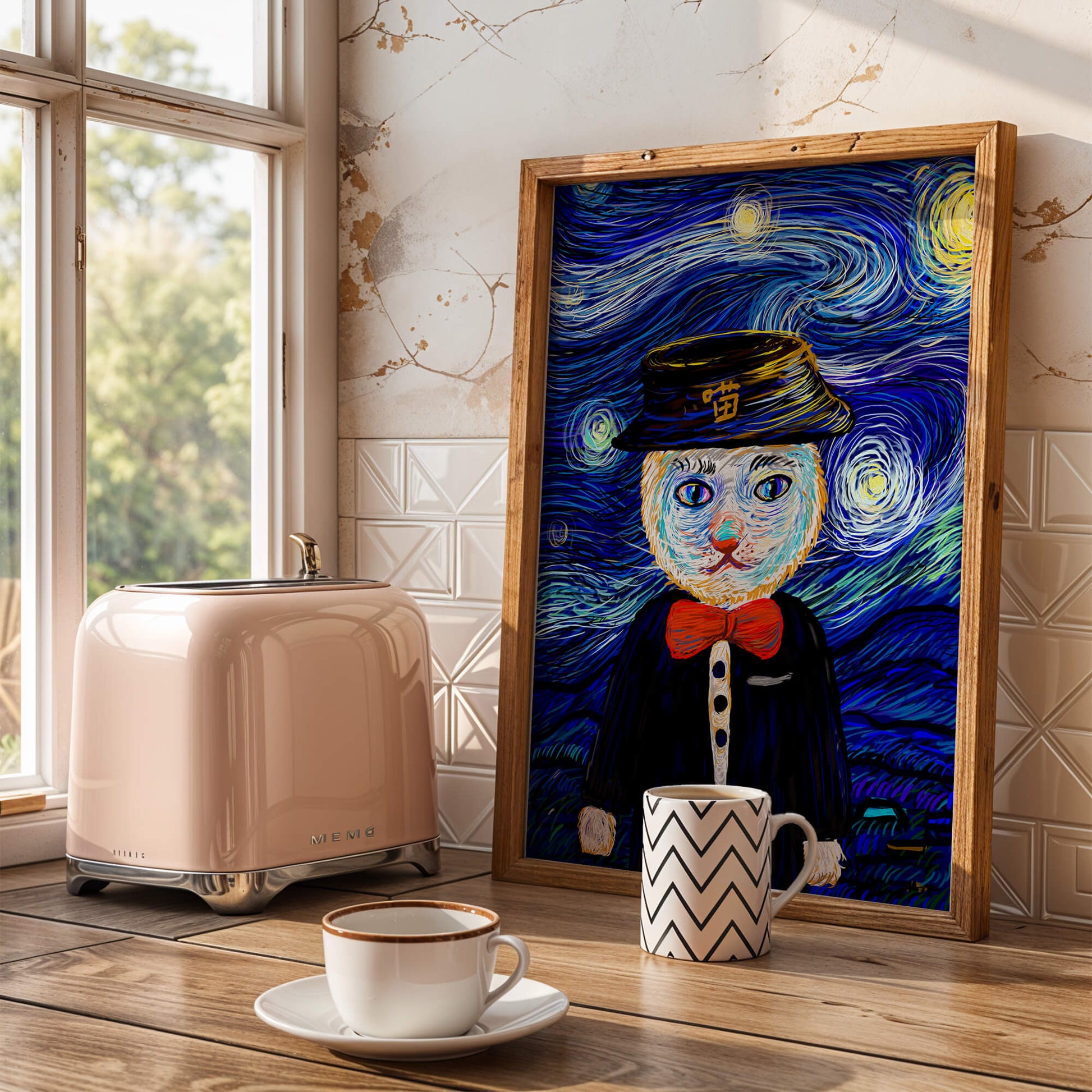 Whimsical cat character against starry night sky background
