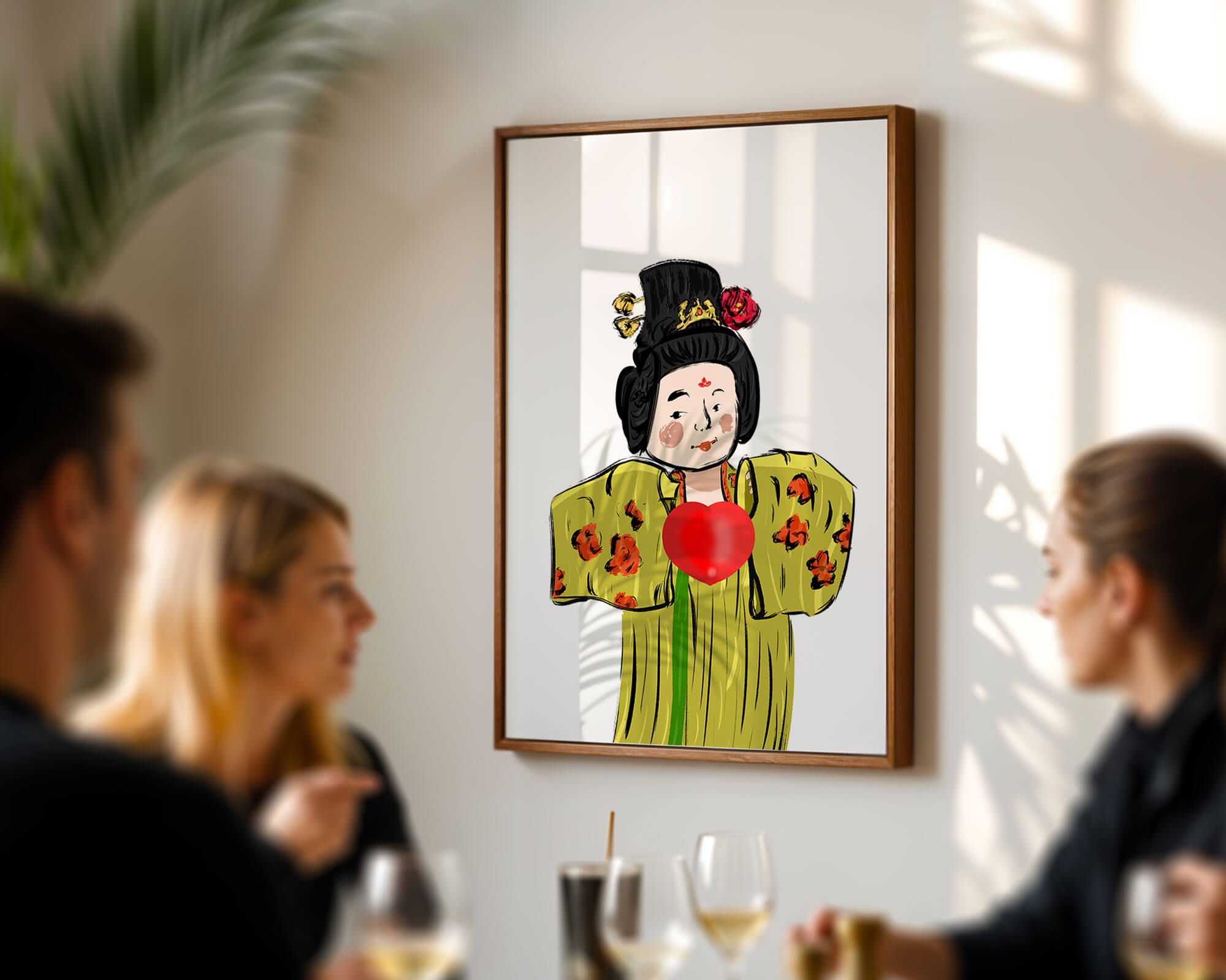 Illustration of a traditional figure in vibrant attire with a heart symbol