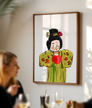 Ilustración de una figura tradicional con atuendo vibrante y un símbolo de corazón