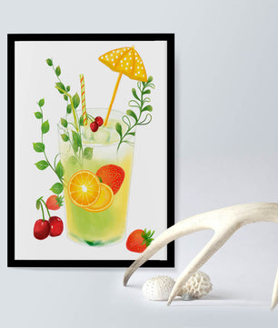 Refreshing summer drink illustration with fruits and greenery