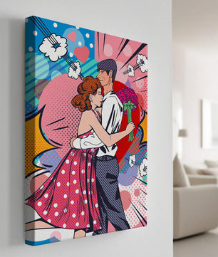 Pareja abrazándose en estilo pop art con un fondo colorido